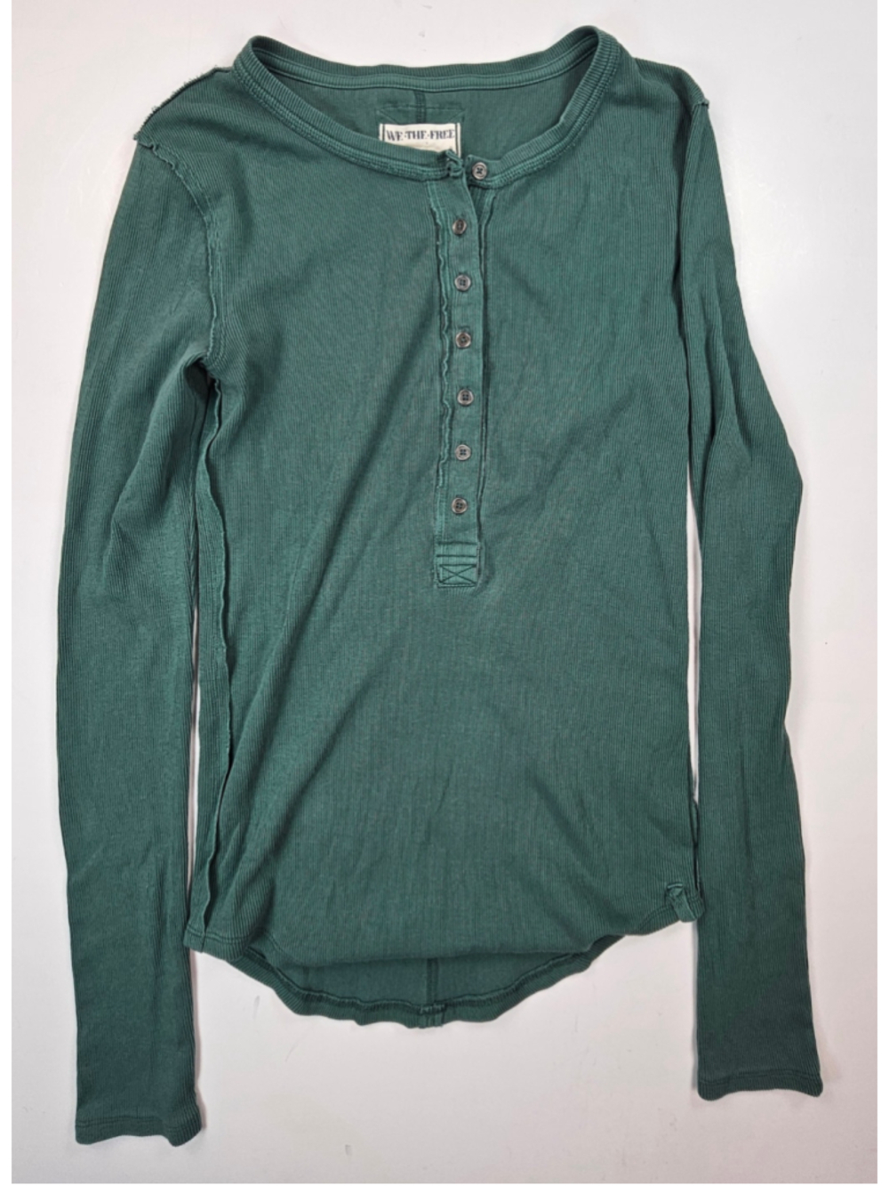 Free People We The Free Jamie Henley Top Green Ribbed Long Sleeve Raw Seam